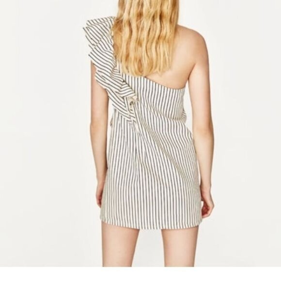 Zara‎ Trafaluc Denim asymmetric Striped Mini dress Women's Raw Hem Sz XS - Picture 2 of 10